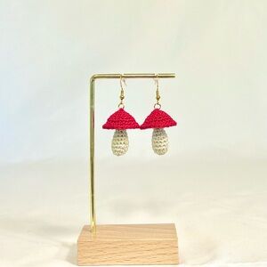 Crochet Mushroom Earrings Made with Hypoallergenic Gold Hooks